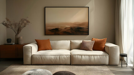 Modern Living Room Design with Neutral Tones & Cozy Cushions