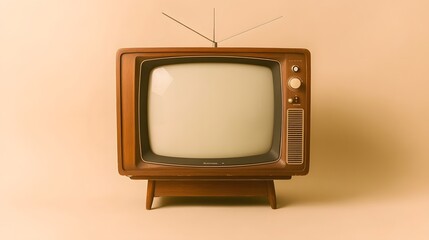Retro television set from the 1970s styled with wooden cabinet and analog features, set against a beige background in a clean, nostalgic mid-century modern presentation.