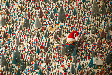 Fototapeta premium A whimsical Christmas village filled with festive decorations, colorful houses, and joyful people amidst snow-covered pine trees.
