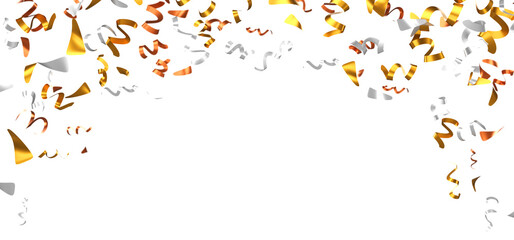 3d gold, silver and bronze confetti flying in air on white background. Foil or paper particles, serpentine ribbons falling down. Birthday surprise party, winner or holiday celebration. 3D illustration
