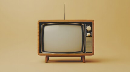 Retro television set from the 1970s styled with wooden cabinet and analog features, set against a beige background in a clean, nostalgic mid-century modern presentation.