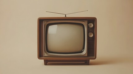 Retro television set from the 1970s styled with wooden cabinet and analog features, set against a beige background in a clean, nostalgic mid-century modern presentation.