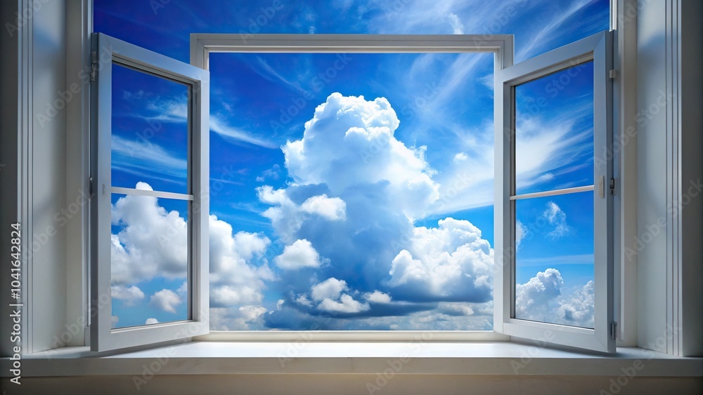 Wall mural blue sky with thick white cloud behind closed window aerial view