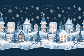 Fototapeta premium A charming winter village scene with white houses, trees, and snowflakes against a deep blue background, creating a festive atmosphere.