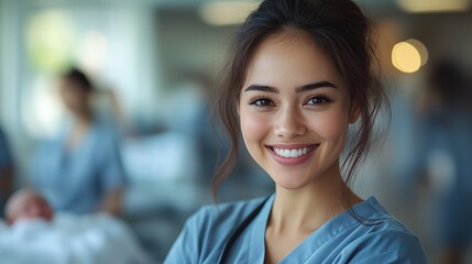 Fototapeta premium A cheerful healthcare professional in scrubs interacts warmly with mothers and newborns in the maternity ward, creating a supportive atmosphere