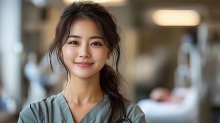 In a bustling maternity ward, a nurse with East Asian features smiles warmly while tending to new mothers and their newborns, creating a comforting atmosphere