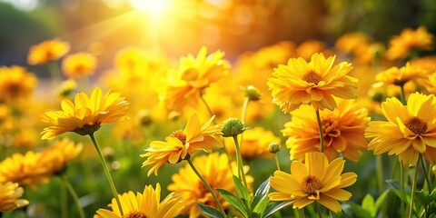 Bright sunshine yellow flowers blooming in a garden on a warm summer day, spring, horticulture