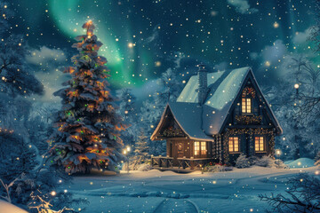 Fototapeta premium A picturesque winter scene featuring a cozy cabin surrounded by snow, with the northern lights illuminating the night sky.