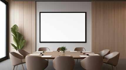 A modern conference room featuring a large projection screen, wooden walls, a round table, and comfortable chairs, creating a professional atmosphere.