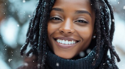 Portrait of a young black woman with a smile on the street in winter. Close-up.