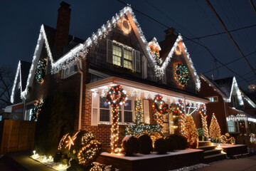 Fototapeta premium A beautifully decorated house adorned with twinkling lights and a snow-covered yard, creating a festive winter wonderland.