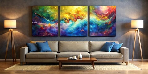 Bright abstract artwork on dark wall above beige couch