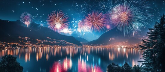 Obraz premium Fireworks display over a lake with mountains in the background at night.