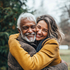 Fototapeta premium A joyful hug between an older man and a younger woman outdoors, expressing warmth and happiness.