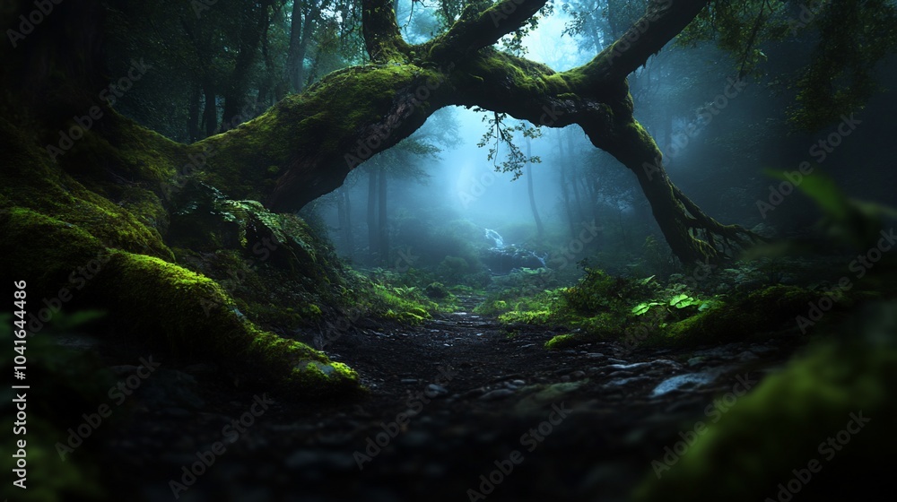 Poster a mossy, gnarled tree branch forms an archway over a misty forest path, leading into the unknown.