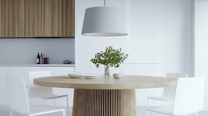 A spacious dining area features a round wooden table with fluted legs, complemented by white chairs and a gray lamp, bathed in soft natural light