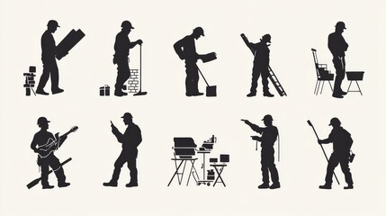 A silhouette collection of bricklayers wearing construction uniforms in different poses, symbolizing the variety of tasks in masonry work. 