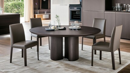 A spacious dining area features a round wooden table with fluted legs, complemented by white chairs and a gray lamp, bathed in soft natural light