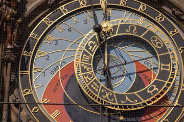 Prague astronomical clock (Prague Orloj) on facade of Town Hall in Town Square, Prague, Czech Republic