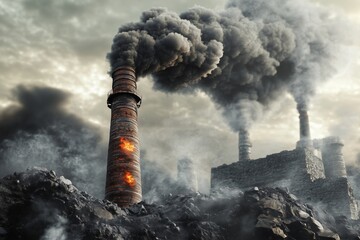 smoking chimney and coal burning, concept of air pollution and environmental disaster