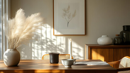 Minimalist Interior Design with Wooden Table and Pampas Grass