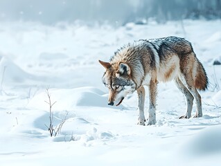 Obraz premium Emaciated Wolf Wandering Snowy Landscape Symbolizing Impact of Food Scarcity on Predators