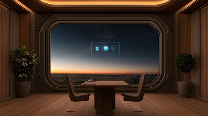 Fototapeta premium A modern, sleek room featuring a large window with a stunning view of a twilight sky and futuristic elements.