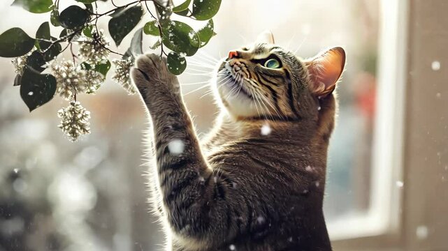 Cozy Christmas moment with a playful cat reaching for mistletoe, surrounded by delicate snowflakes and warm, festive decor. Mistletoe Snowflakes