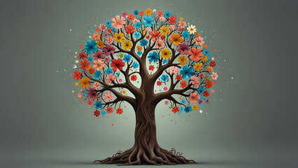 Mental SelfCare Brain Tree with Flowers 