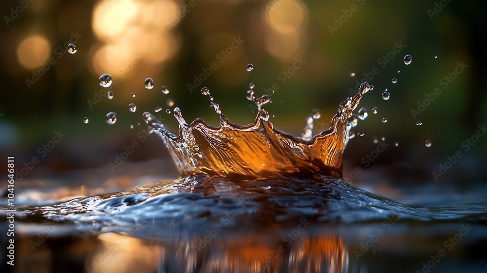 Poster a close-up of a water droplet creating a splash in a puddle with a soft, blurred background of green