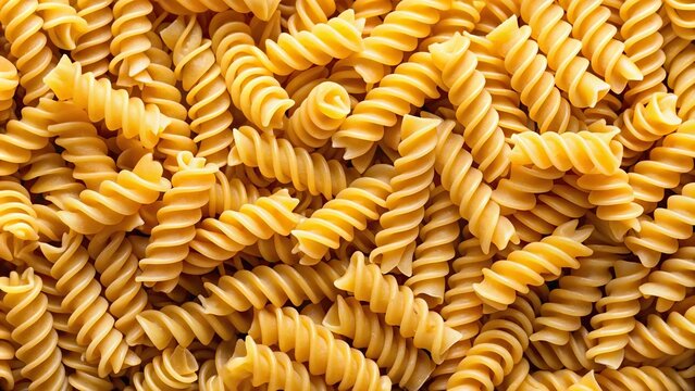 Background texture of uncooked rotini pasta noodles in macro close-up