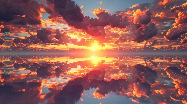 A mirrored reflection of a sunset with the sky and clouds made of antiparticles.