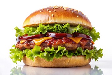Bacon cheeseburger hamburger isolated on white background with BBQ sauce and lettuce