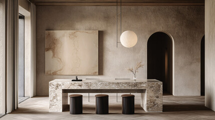Modern workspace with a clean desk setup and a neutral-toned wall background 