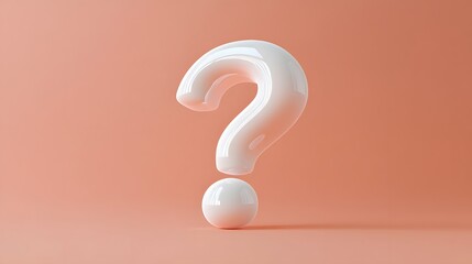 Naklejka premium White question mark in 3D typography on a pale orange background, featuring a minimalist and clean composition symbolizing curiosity and inquiry with high contrast and smooth texture.