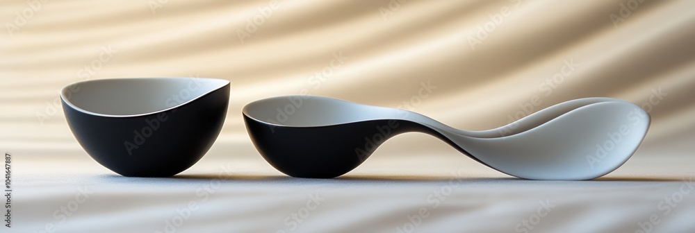 Aufkleber a black cup sits alongside a uniquely shaped white spoon, both displaying elegant, minimalist forms 