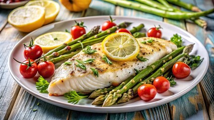 Baked white fish with asparagus, tomatoes, lemon, herbs on a plate