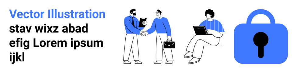 Professionals shaking hands, working on a laptop, and a secure lock symbol. Ideal for data security, business agreements, teamwork, office environments, professional communication. Landing page