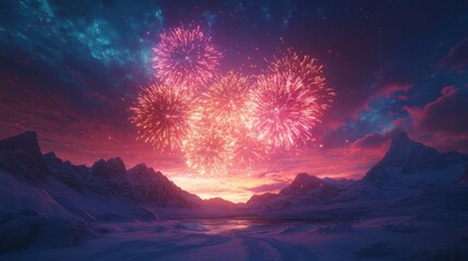 Naklejka premium Colorful fireworks spiraling, New Year sky aglow, mountains in the distance, trailing sparks, majestic New Year celebration.