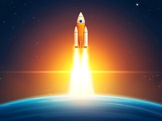Obraz premium A vibrant rocket launching into space, leaving a bright trail against a backdrop of stars and a glowing Earth.