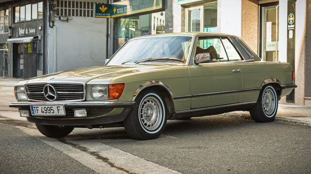 Urnieta, Spain-October 5, 2024: 1980 Mercedes-Benz 450SLC (C107, coupe) on city streets