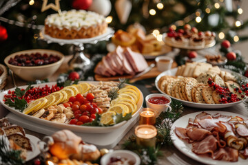 A lavish holiday feast with roasted turkey, fruits, breads, and desserts, beautifully arranged on a festive table.