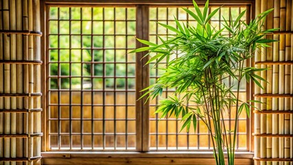 bamboo plant at wall with bamboo lattice window Wide-Angle