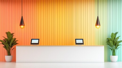 A modern reception area featuring a vibrant, colorful wall design, elegant lighting, and decorative plants.