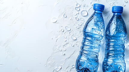 Two bottles of clear water with condensation on textured surface and copy space
