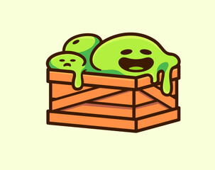 Green Slime Cartoon Mascot Characters in a Wooden Crate Fun and Playful Cartoon Design for Kids Toys Store Vector Illustration