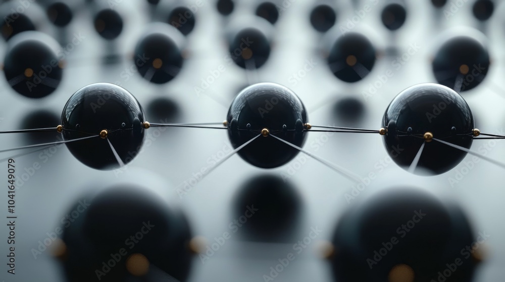 Poster a detailed arrangement of interconnected black spheres demonstrates a molecular structure on a sleek