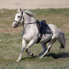 a horse galloping through a field.
