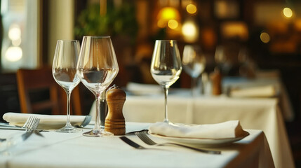 A beautifully set table in a restaurant, showcasing elegant dinnerware, stylish glassware, and carefully arranged centerpieces.






