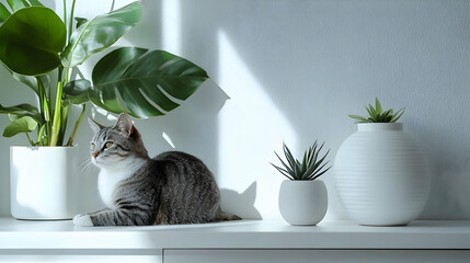 Cat Relaxing on Shelf with Plants in White Pots